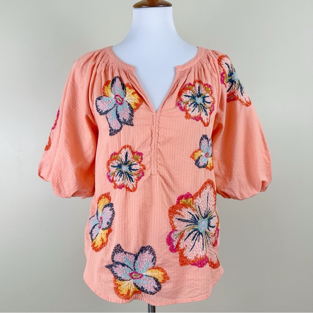 Maeve Embroidered Peasant Blouse XSmall Peach Bubble Sleeve Floral by Anthro